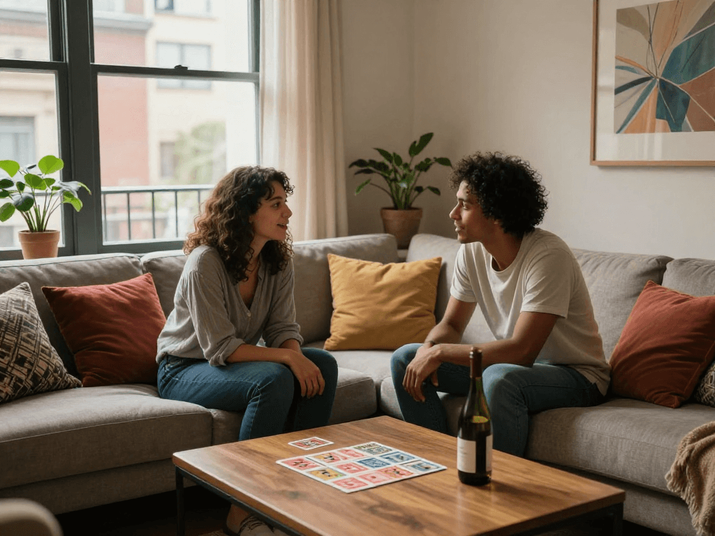Couple enjoying playful conversation in a cozy lounge with sex ai-themed decor.