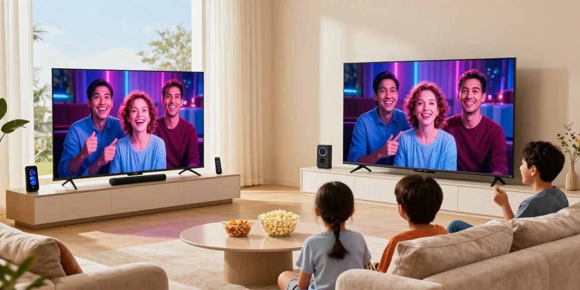 Family enjoying movie night with smart TV 2026 in a cozy living room setting.