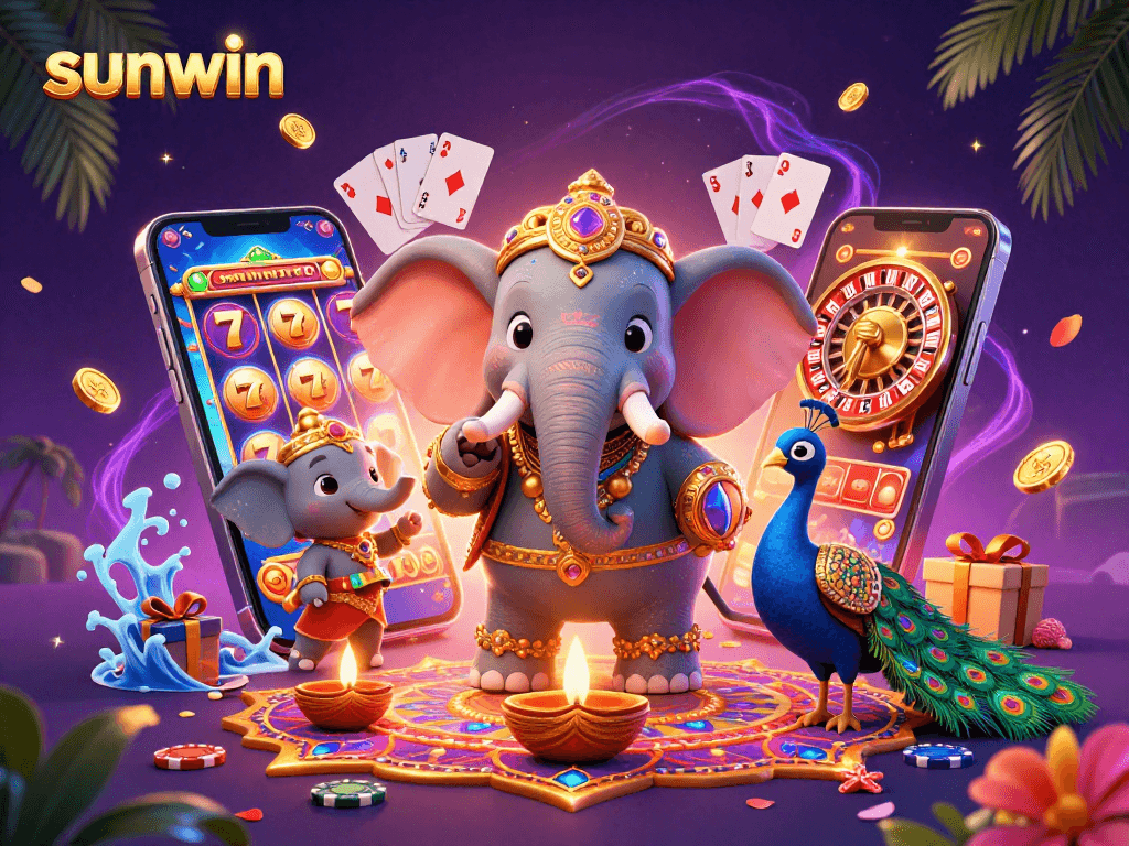 Experience exciting gameplay with sunwin's vibrant casino-themed illustration featuring colorful slot reels and festive characters.
