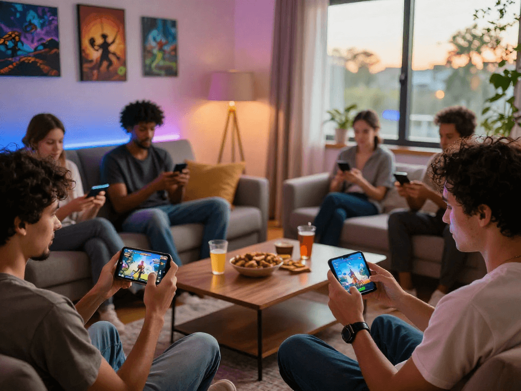 Group playing mobile porn games together, showcasing interactive experiences and vibrant atmosphere.