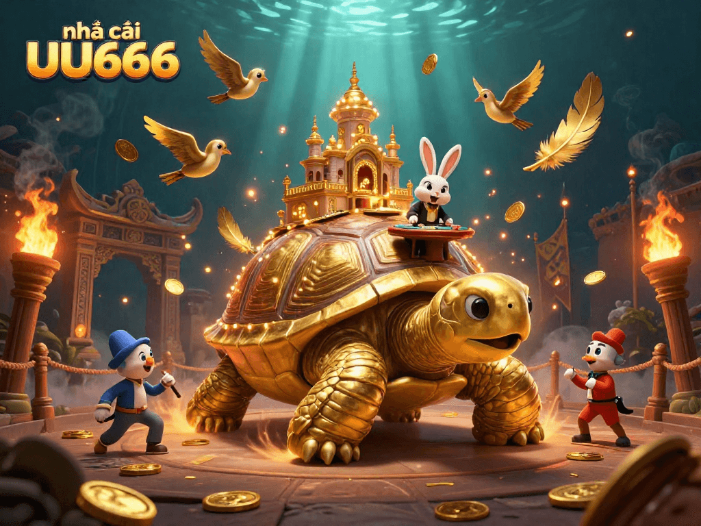 Engage with nhà cái UU666 through a vibrant 3D casino scene featuring golden tortoise and flying coins.