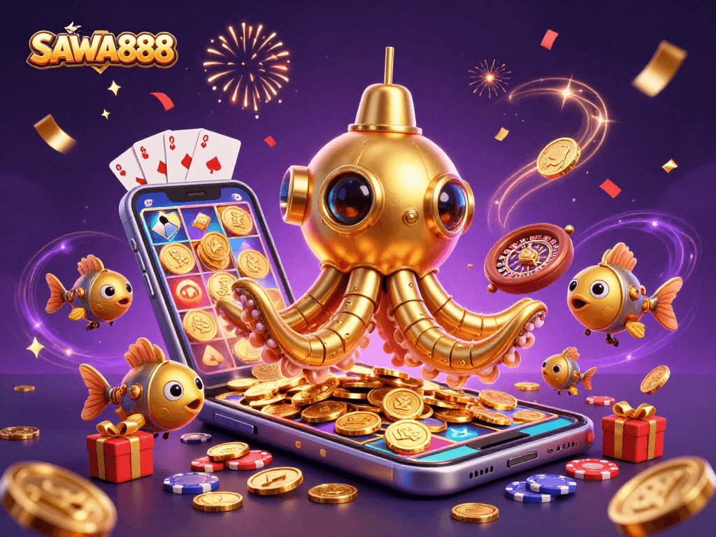 Experience SAWA888 with a vivid underwater slot adventure featuring golden kraken and slot game elements.