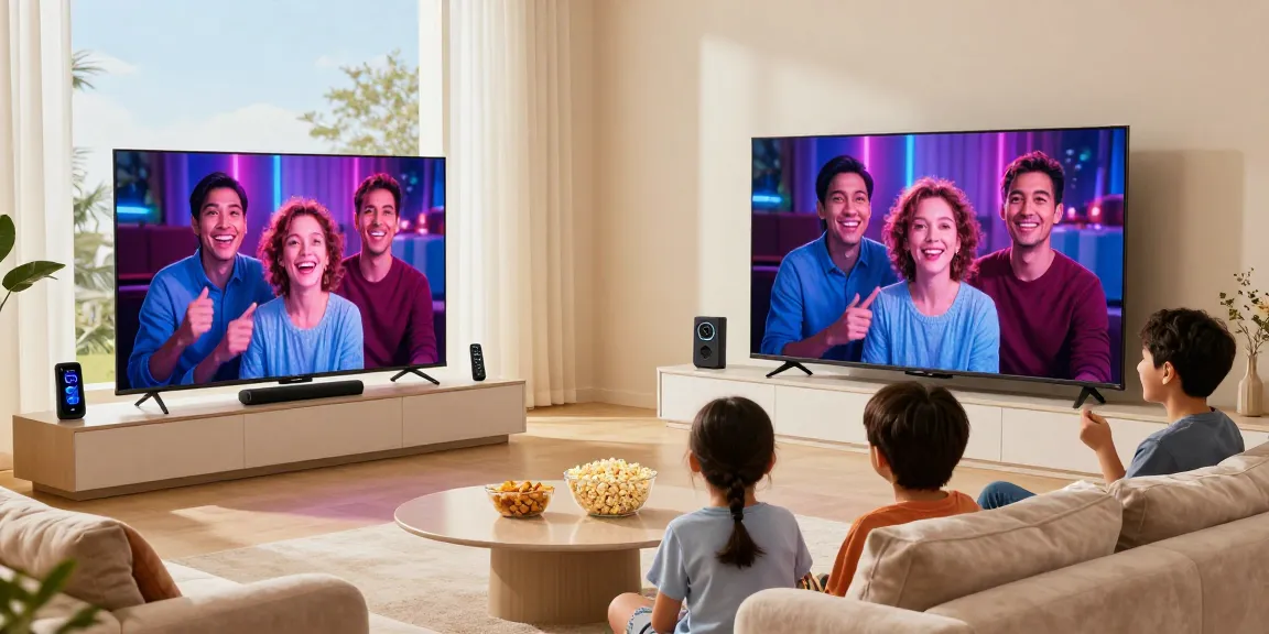 Family enjoying movie night with smart TV 2026 in a cozy living room setting.