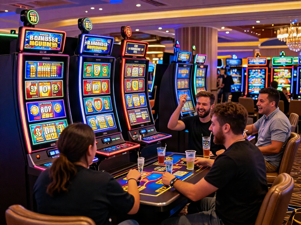 Players enjoying Bonus Buy Slots at stargazyinn.co.uk, vibrant casino atmosphere, modern machines.