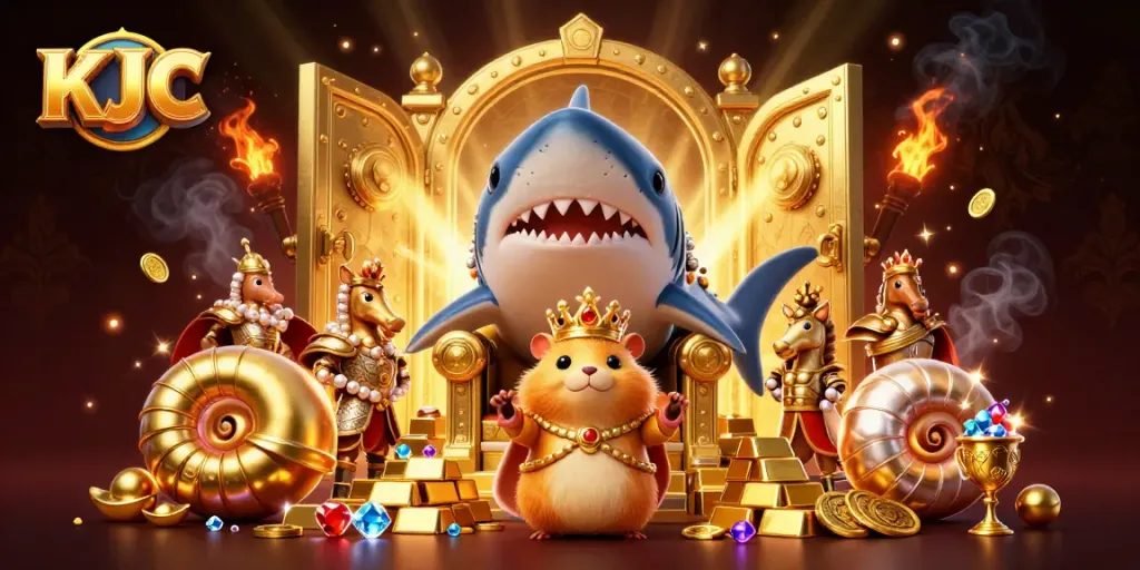 KJC brings excitement with a golden hamster king and royal guards in a vibrant casino treasure scene.