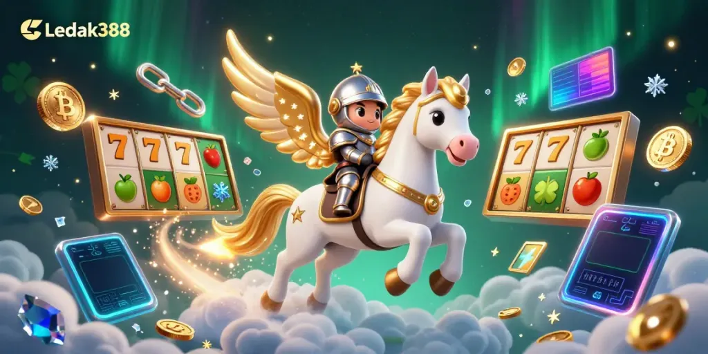 Spin to win with Ledak388's exciting slot games and glowing crypto elements dynamically in play.