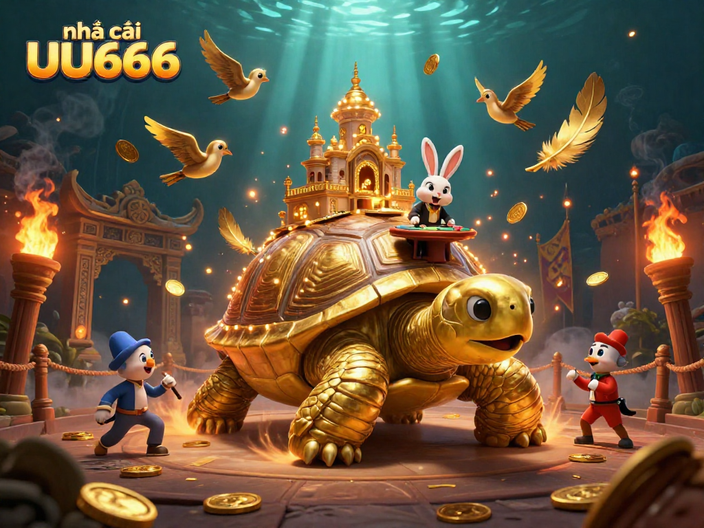 Engage with nhà cái UU666 through a vibrant 3D casino scene featuring golden tortoise and flying coins.