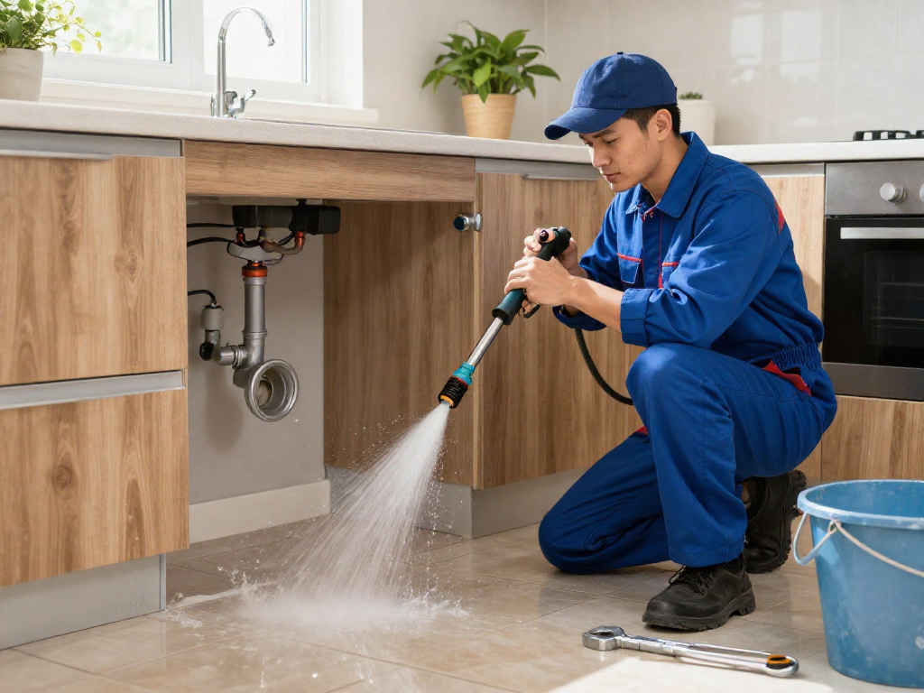 Professional plumber performing drain cleaning Fort Worth in a modern kitchen, using a water jet and tools for effective service.