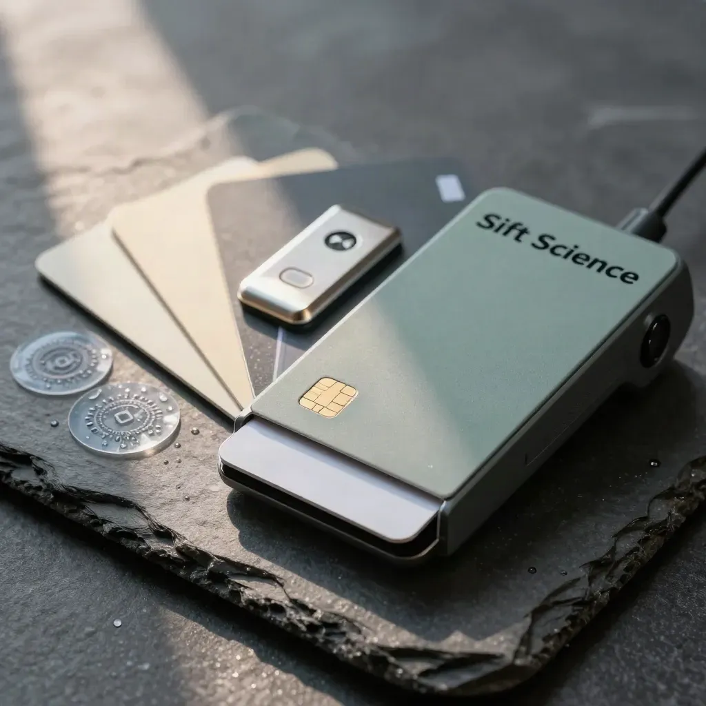 EMV card reader with blank cards, metal token and tamper seals on wet slate.