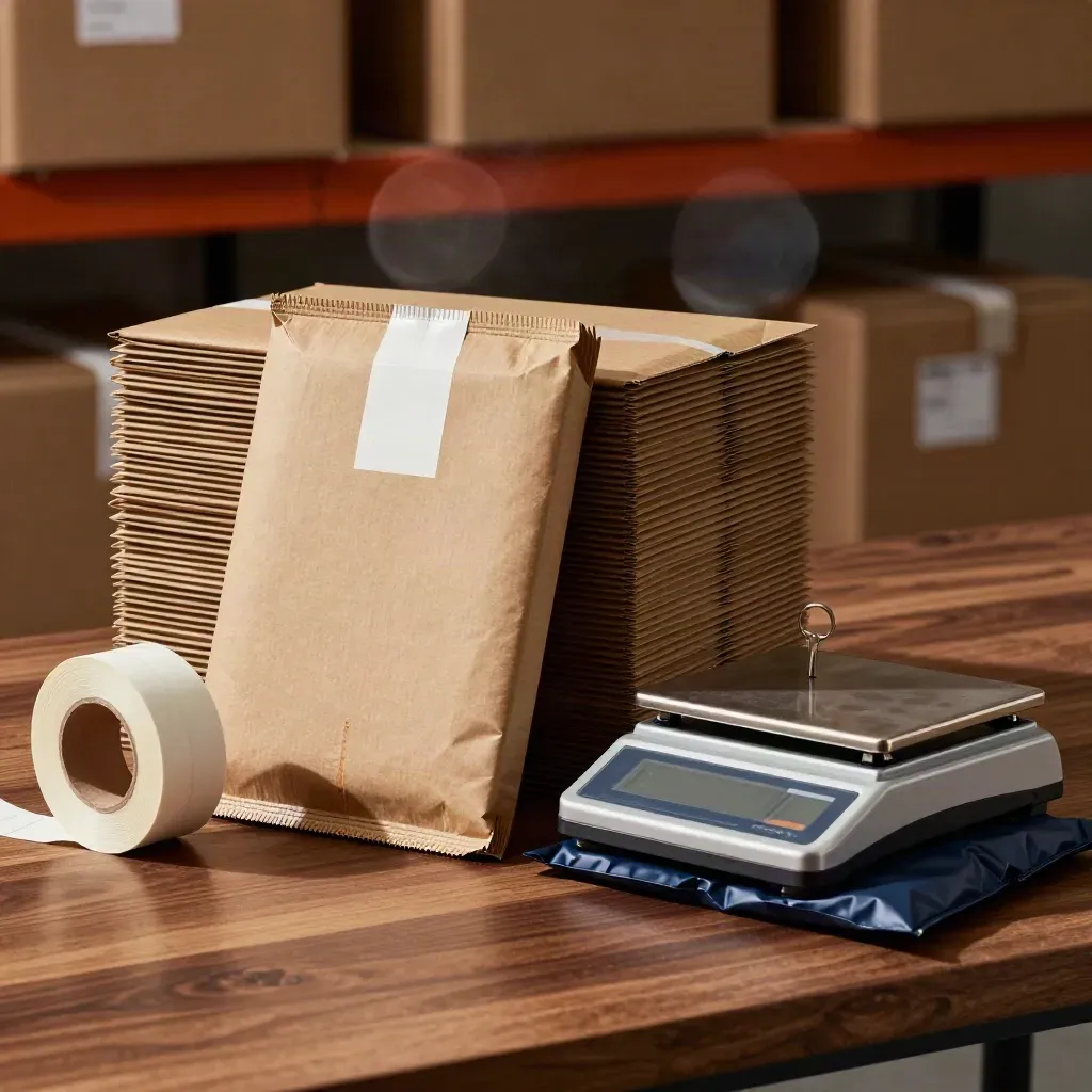 Mailer stack, thermal label rolls and parcel scale in a dramatic ecommerce still life on a warm walnut bench.