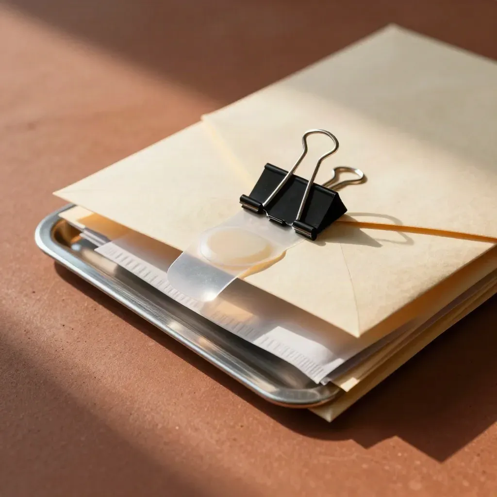 Binder clips hold evidence envelopes and a tamper seal on a terracotta archive surface.
