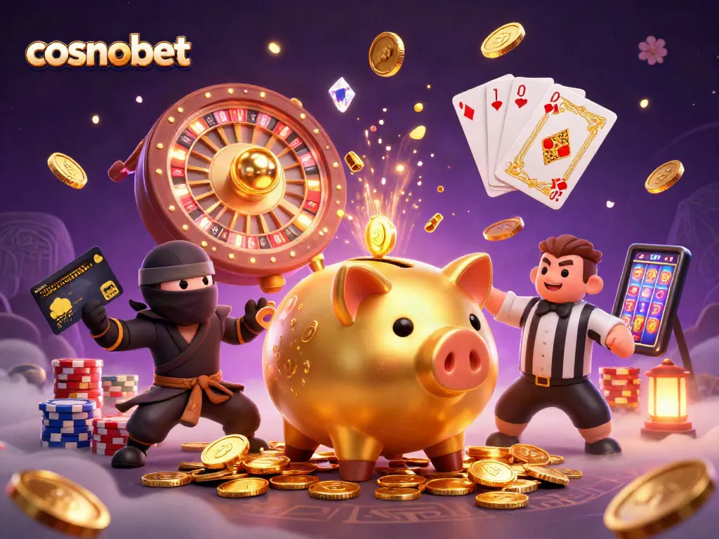 Experience thrilling gameplay with cosmobet's golden piggy bank character and rich casino elements.