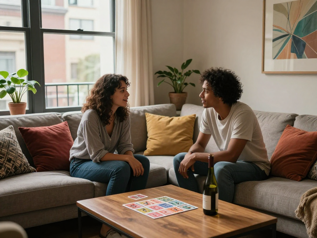 Couple enjoying playful conversation in a cozy lounge with sex ai-themed decor.