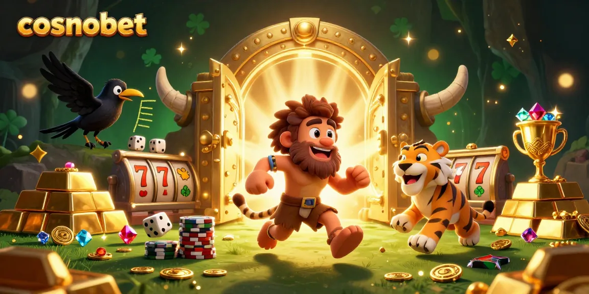 Experience cosmobet thrilling casino magic with a playful caveman, sabertooth tiger, and clever crow!