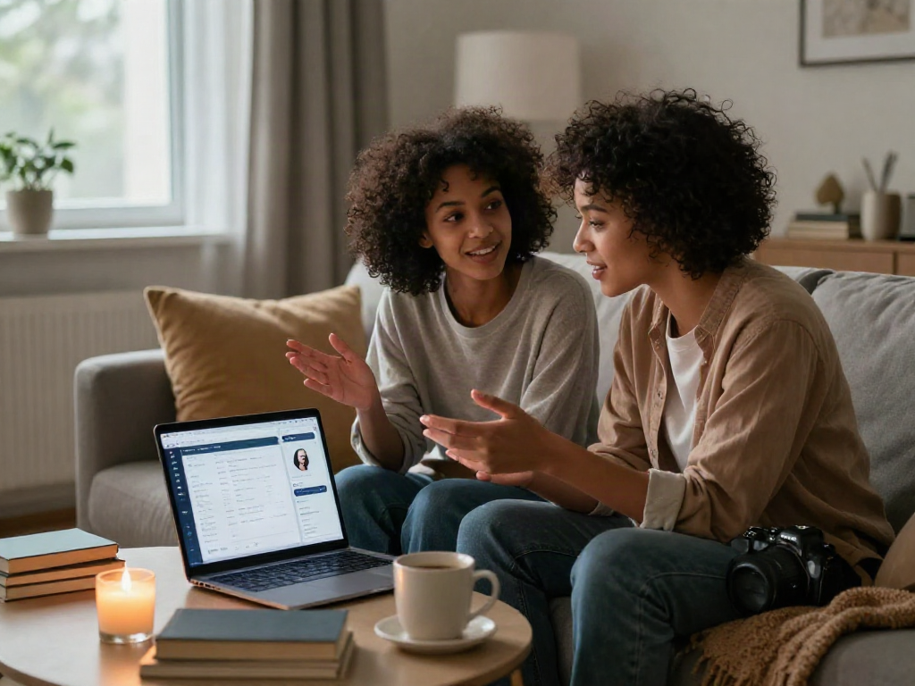 Couple using sex AI app in a cozy living room, enhancing intimacy.