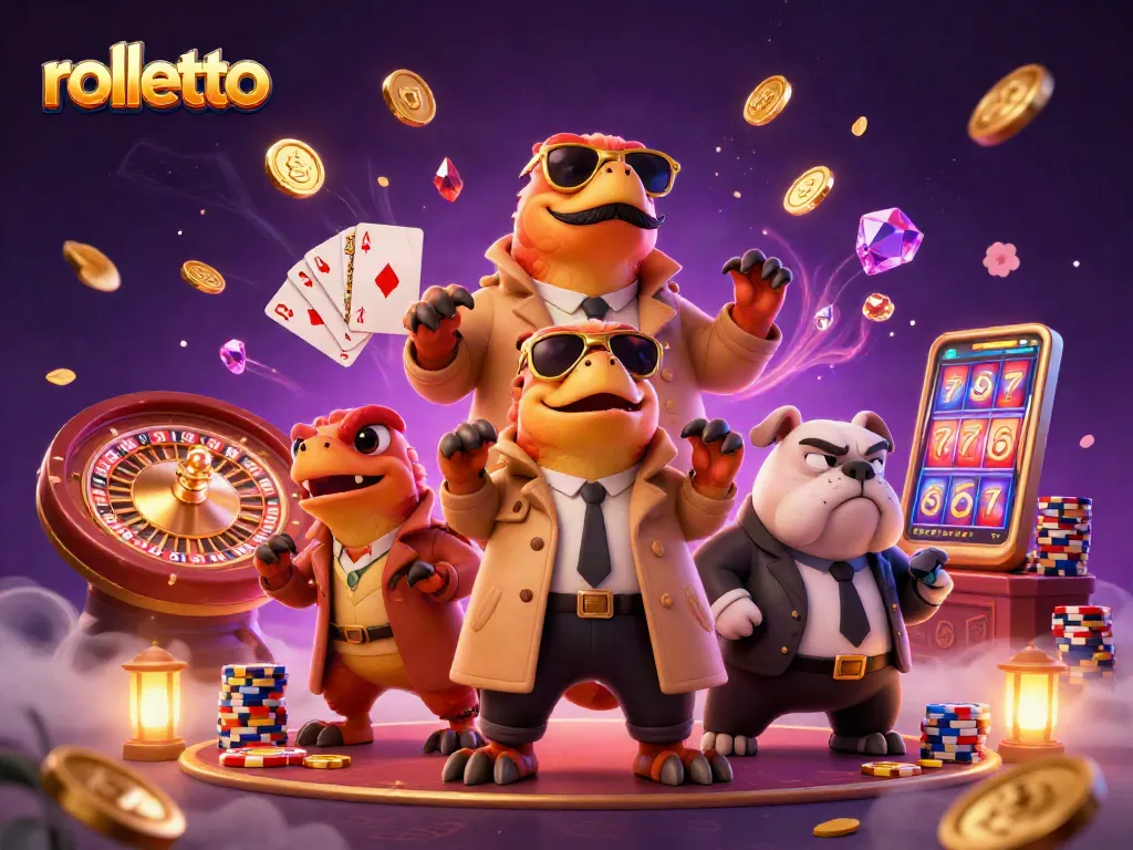 Join rolletto for a vibrant casino experience with raptors, coins, and a suspenseful scene.