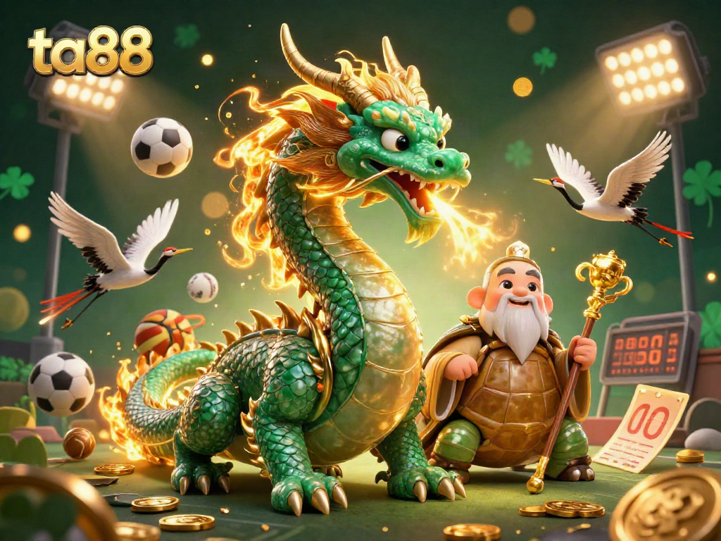 Engage with ta88's vibrant casino scene featuring a jade dragon, turtle sage, and sports elements.
