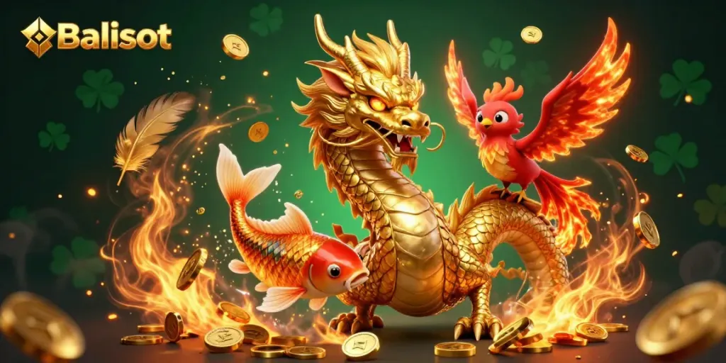 Balislot showcases a vibrant casino scene featuring a powerful dragon, phoenix, and koi fish amidst a shower of coins.