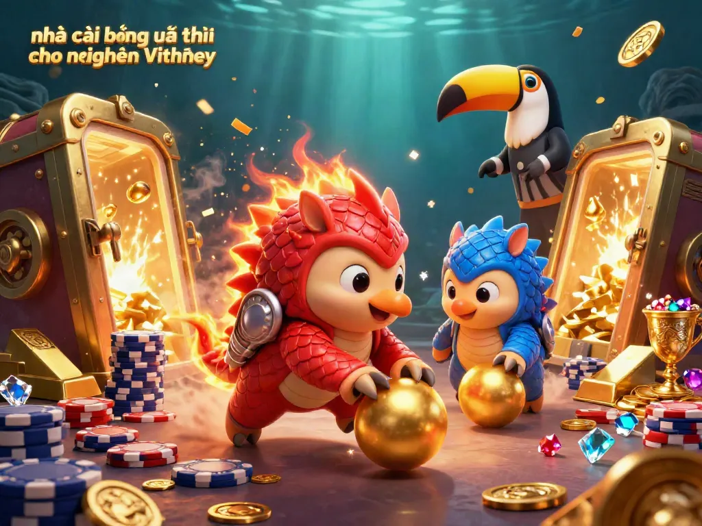 Engage with nhà cái bóng đá uy tín cho người Việt in this dynamic illustration of gambling characters rolling into action.