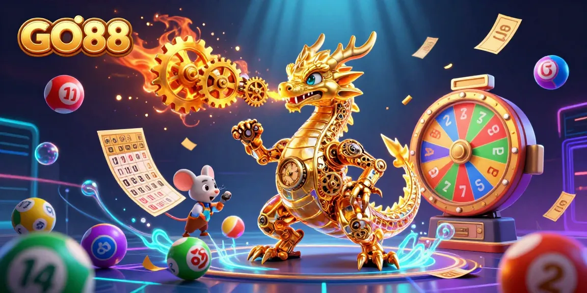 Join the excitement at GO88 with a vibrant scene of casino-themed characters and lively game elements.