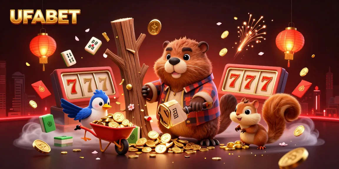 UFABET delivers thrilling wins with casino-themed characters amid showering gold coins and vibrant decor.