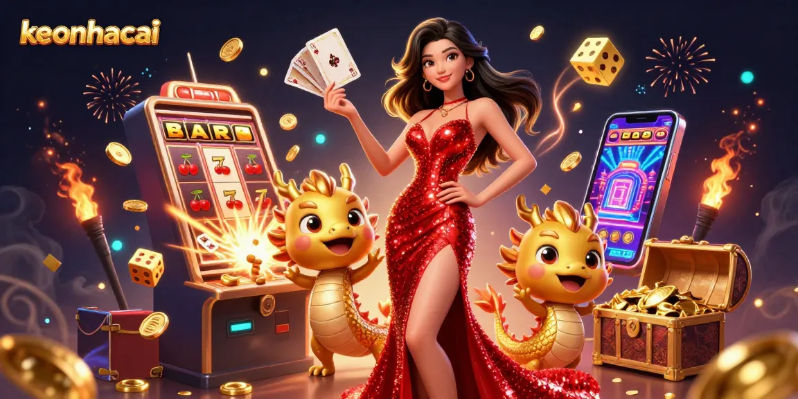 Engage with keonhacai's vibrant casino scene featuring a confident woman and a playful dragon mascot.
