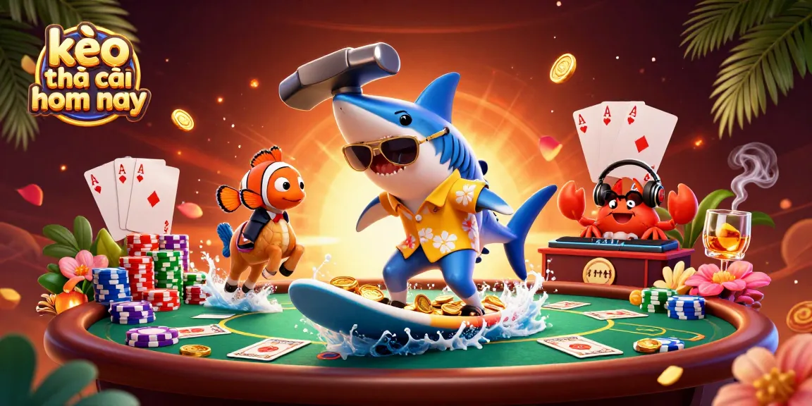 Bet on kèo nhà cái hôm nay with a dynamic scene featuring a shark, clownfish, and crab DJ.