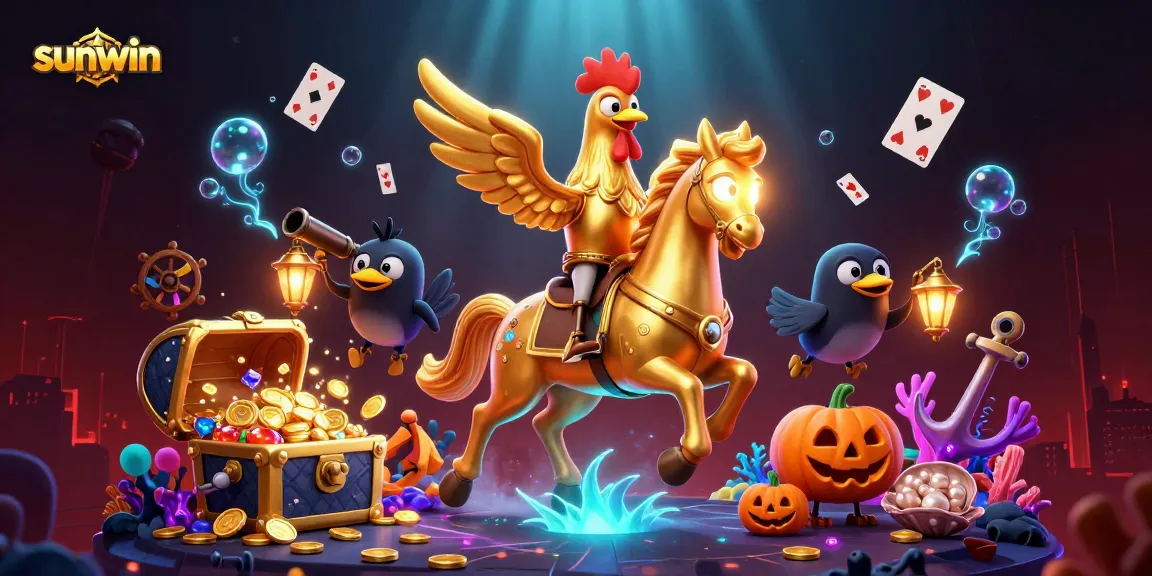 Sunwin offers exciting gameplay with a casino scene featuring a golden rooster and treasures.