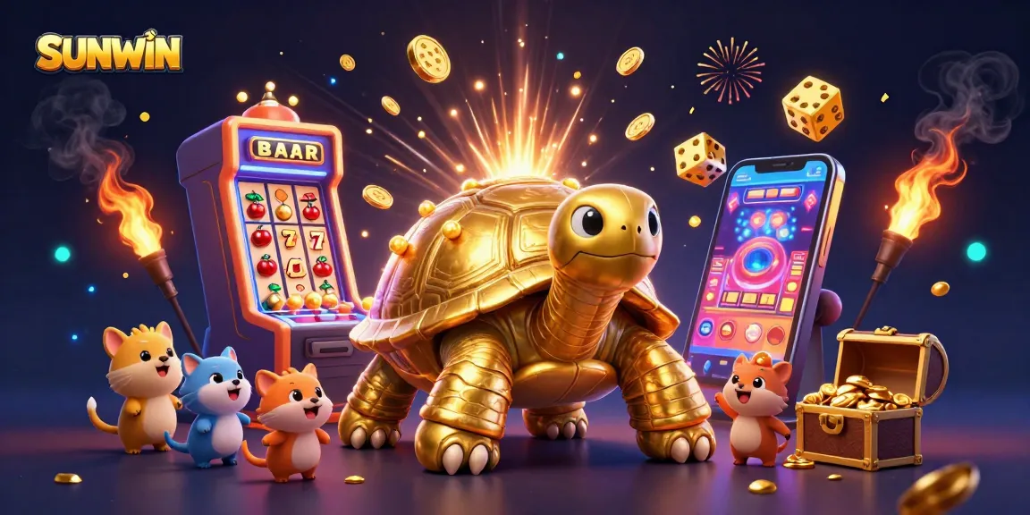 SUNWIN brings excitement to the casino world with a dynamic scene of colorful slot machines and cheerful characters.