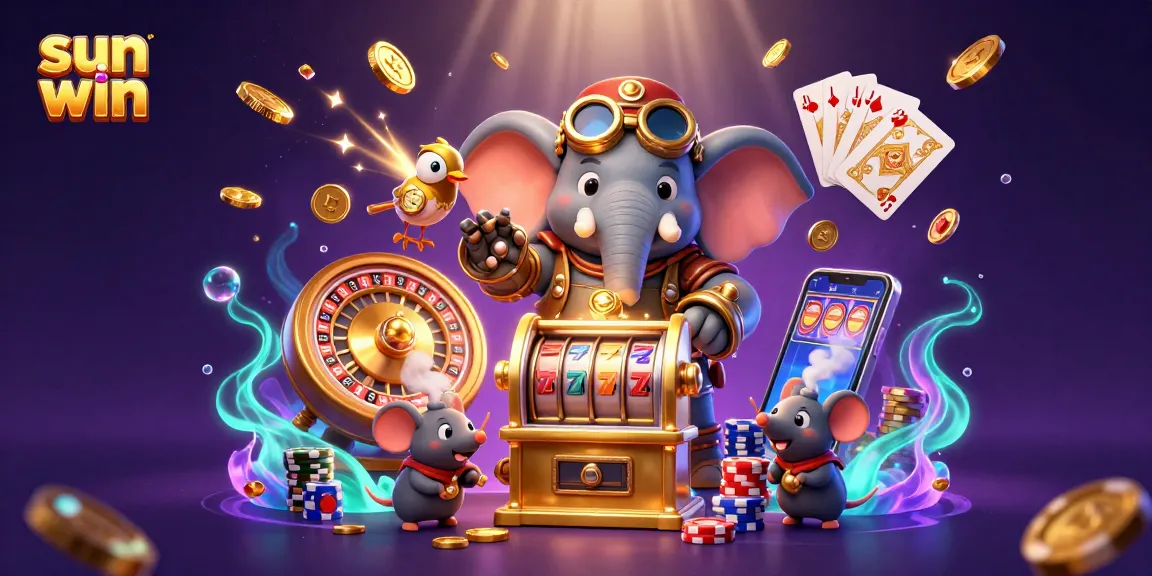 Experience the excitement of sun win with a steampunk elephant winning at the slot machine amidst shimmering coins and gems.
