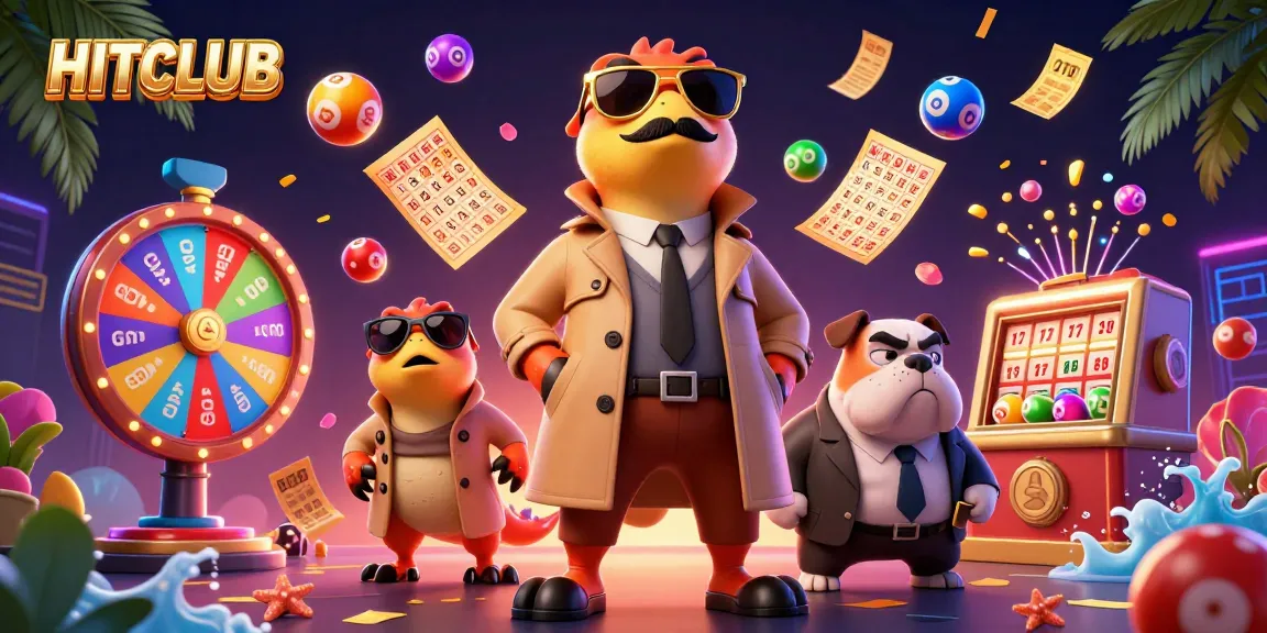 Join the HITCLUB action offered by colorful lottery games and energetic atmosphere in this vibrant casino illustration.